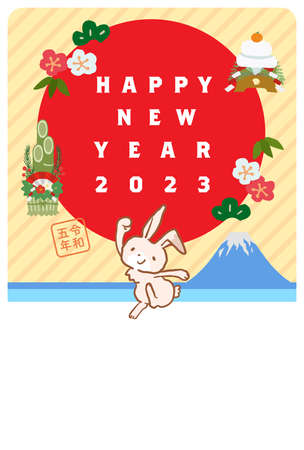Year of the Rabbit 2023 New Year's card Mt. Fuji and cute rabbit New Year's card vector illustration Postcard size vertical positionのイラスト素材