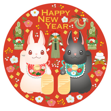 First sale Year of the Rabbit Vector illustration of a black and white rabbit and a happy circle with a New Year's motifのイラスト素材