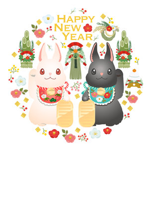 First sale Year of the Rabbit Vector illustration of a black and white rabbit and a happy circle with a New Year's motifのイラスト素材