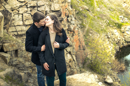 The photo shows a guy with a girl, outdoorsの写真素材