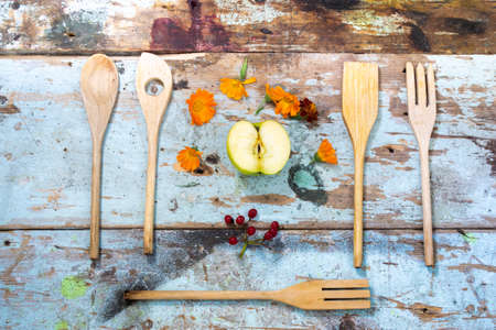 Still life of baked goods on a dark background, made from old vintage boards