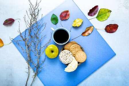 Food on the background of blue artificial stone, as well as natural gray graniteの写真素材