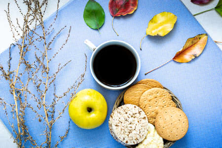 Food on the background of blue artificial stone, as well as natural gray graniteの写真素材