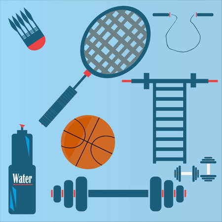 Sports equipment and supplies on a minimalistic background, with blue colorsのイラスト素材