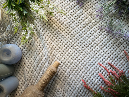 Product shooting on a dense light fabric, with a checkered textureの写真素材