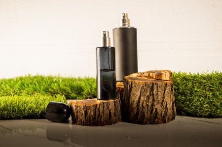 perfume spray bottles on a minimalistic background, with various decorative elementsの写真素材