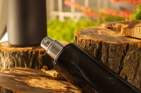 perfume spray bottles on a minimalistic background, with various decorative elementsの写真素材