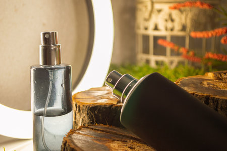 perfume spray bottles on a minimalistic background, with various decorative elements