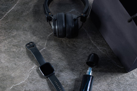 gadgets, on a dark background, with a stone structure, and subdued lightingの写真素材