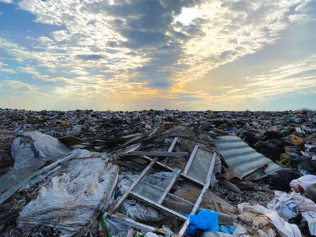 a lot of different garbage, at sunsetの写真素材