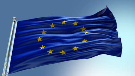 European Union Flag waving with texture Blue sky could and sunset Single flag