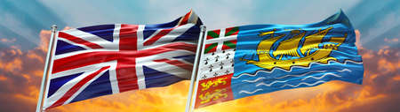 United Kingdom and Saint Pierre and Miquelon flag waving in the wind on cloudy sky together. 3D renderingの写真素材