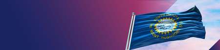 South Dakota Flag waving in the wind on purple background. 3d illustration.の写真素材