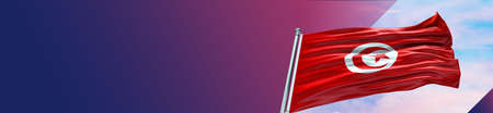 Tunisia Flag on Flagpole, waving in the wind on blue sky background. 3d illustration.の写真素材