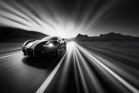 A black car rushes along the road at high speed, creating a blurry landscapeの素材