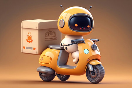 A cute little smart robot on an orange electric scooter demonstrates a delivery conceptの素材