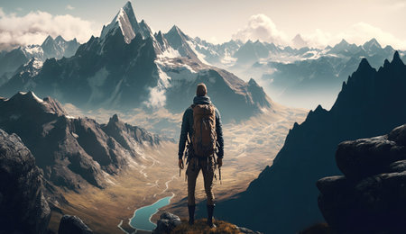 A traveler looks at a majestic mountain landscape while standing on a rockの素材