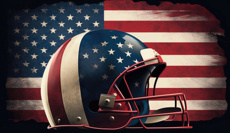 American football helmet isolated on the American flagの素材