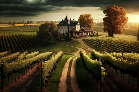 Beautiful view of the vineyards in the eveningの素材