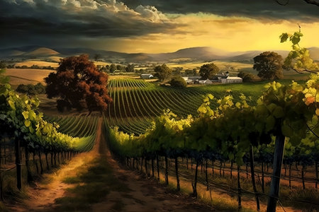 Beautiful view of the vineyards in the evening and the estate in its backgroundの素材