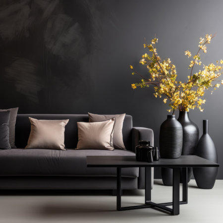 Black sofa and coffee table with decorative vases. Interior design of modern living roomの素材