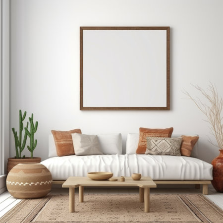 Blank mock up frame and poster. Boho style Interior design of modern living roomの素材