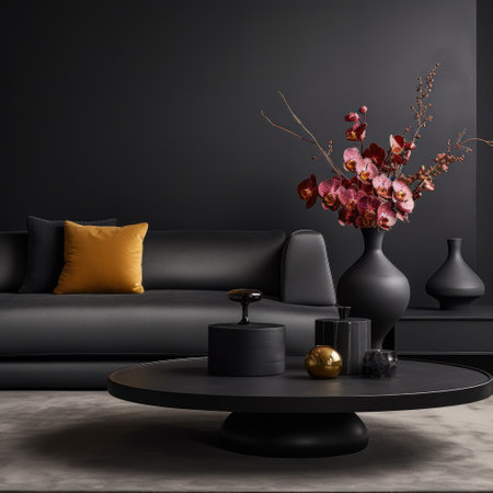 Black sofa and coffee table with decorative vases. Interior design of modern living roomの素材