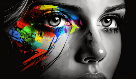 Black and white illustration of a woman with paint near her eyesの素材