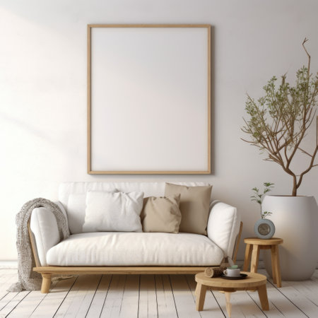 Blank mock up frame and poster. Boho style Interior design of modern living roomの素材