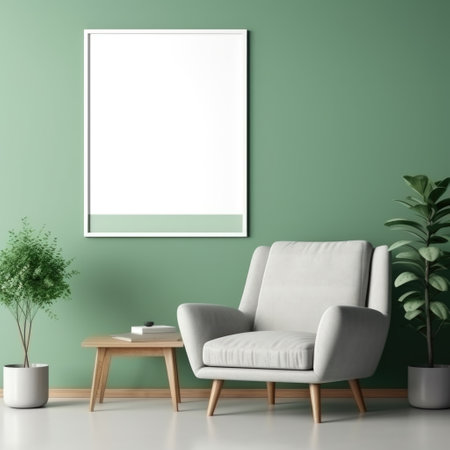 Blank big mock up poster frame on green wall. Interior design of modern living room with armchairの素材