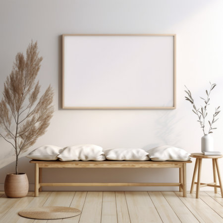 Blank mock up poster on wooden bench. Boho interior design of modern living roomの素材