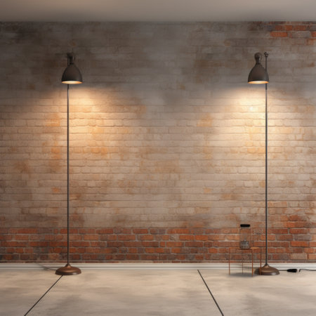 Brick wall, concrete floor and lamps background 3d renderの素材