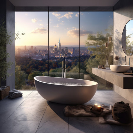 City view behind panoramic window and white bath tub against it. Interior design of modern bathroomの素材