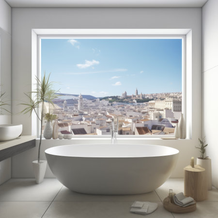 City view behind panoramic window and white bath tub against it. Interior design of modern bathroomの素材