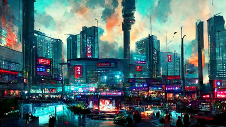 Cityscape of Asian cyberpunk city in the evening in realistic styleの素材