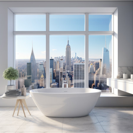 City view behind panoramic window and white bath tub against it. Interior design of modern bathroomの素材