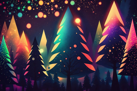 Christmas trees with abstract background in colorful lights and shining stars in the night skyの素材