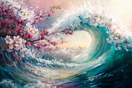 Colorful wave of water with cherryの素材