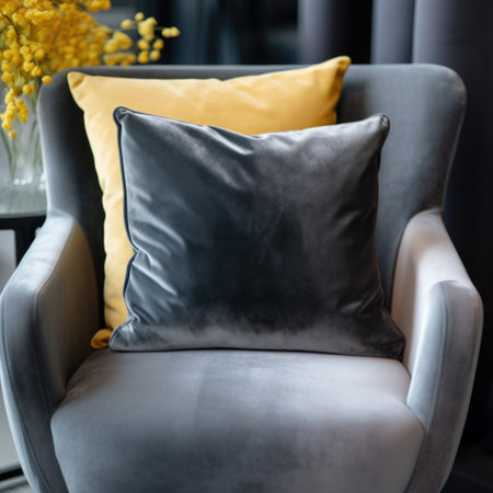 Close up accent armchair with velvet cushion. Interior design of modern living roomの素材