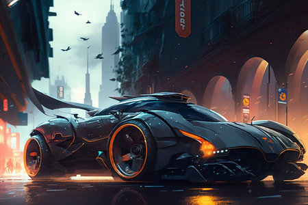 Concept art illustration of a futuristic sports car in the city of the futureの素材
