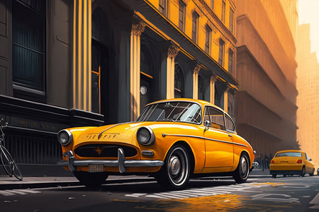 Concept art illustration of a yellow retro taxi on city streetsの素材