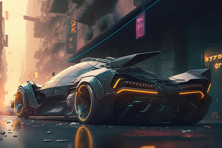 Concept art illustration of futuristic cyberpunk sports car in a cityの素材