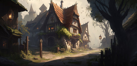 Concept art illustration of a fantasy medieval village with a fork in the roadの素材