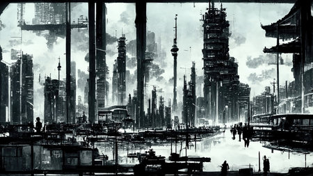 Cyberpunk Asian city cityscape in black and white tonesの素材