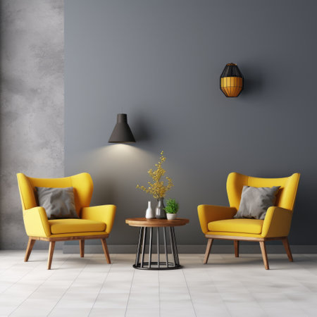 Home interior with yellow armchairs and wooden coffee table over gray wall 3d renderingの素材