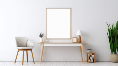 Home workplace, wooden chair and desk near white wall with blank mockup poster frame. Interior design of modern living roomの素材