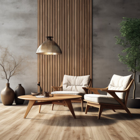 Home interior with wooden armchair, coffee table and lamps panorama 3d renderingの素材