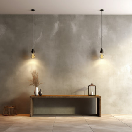 Interior background of room with concrete stucco mockup wall and hanging lamps 3d renderingの素材