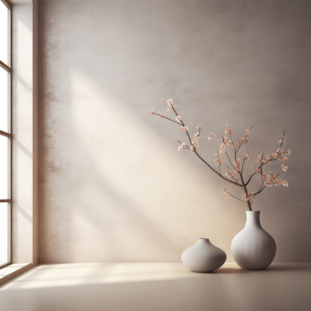 Interior background of room with stucco wall and vase with branch 3d renderingの素材