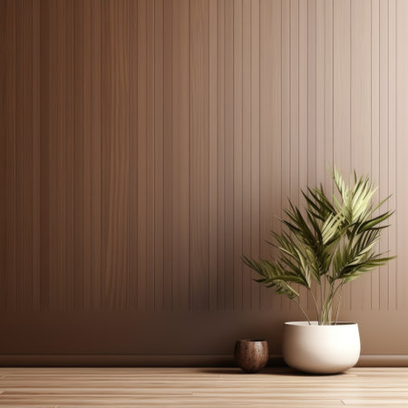 Interior background of room with wooden paneling and empty wall, pot with plant, copy space. 3d renderingの素材